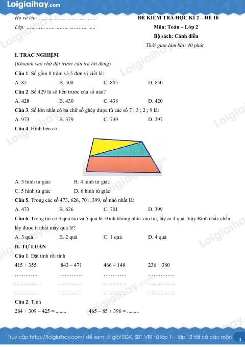 Đề kiểm tra học kì 2 Toán 2 Cánh diều - Đề số 10